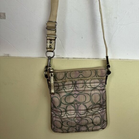 Coach CC Small Crossbody Shoulder Bag Fabric Check Metallic Leather Zip Pocket - Picture 12 of 16